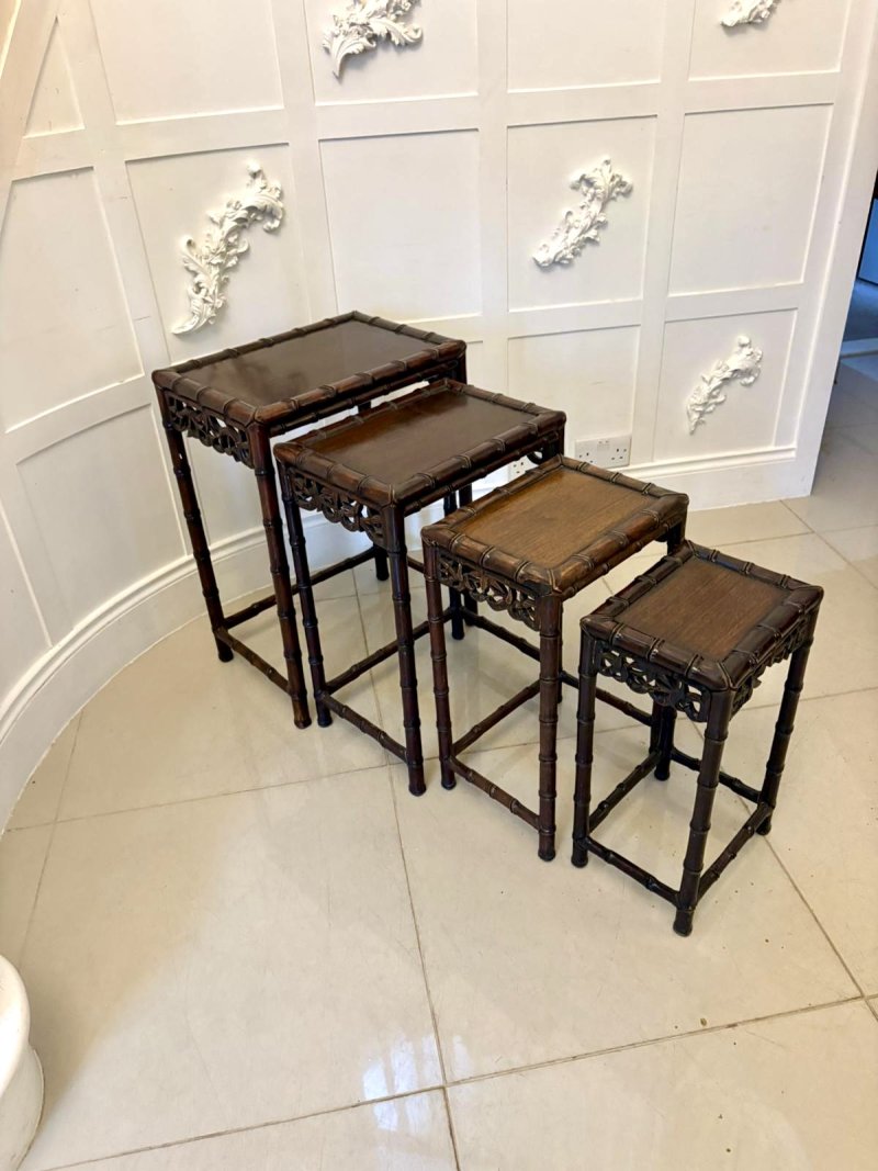 Antique 19th Century Oriental Carved Faux Bamboo Freestanding Nest of Tables